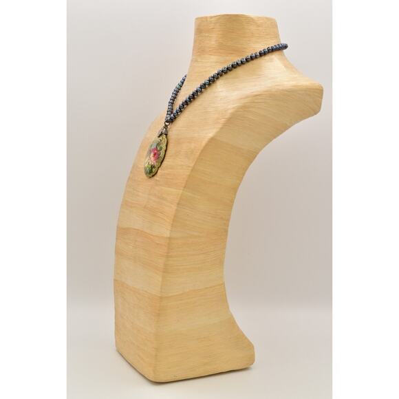 EXEX Necklace Pendant Hand Painted Tahitian Black Pearls 925 Silver Chain BinK - Picture 9 of 12